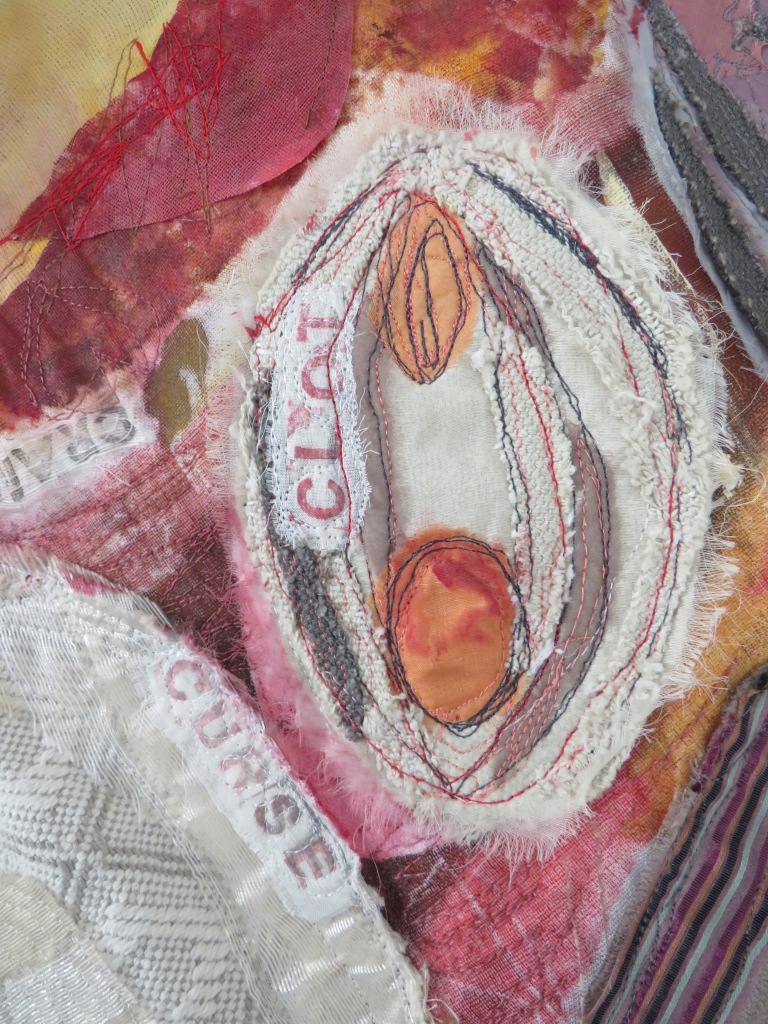 feminist art by woman artist of large mixed media textile art and social justice about menstruation . 