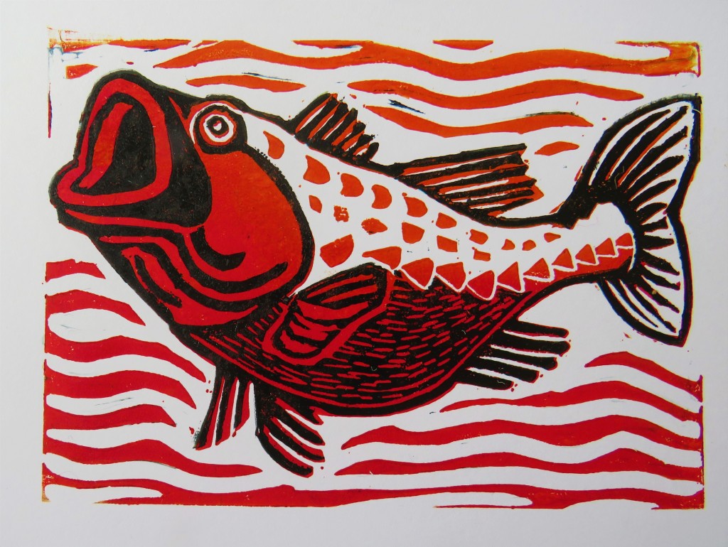 Lino cut art image of sea bass by artist Jennifer Weston